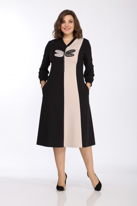 Платье Lady Style Classic 2407 Черный с бежевым "Стрекоза" размер 48-58 #1