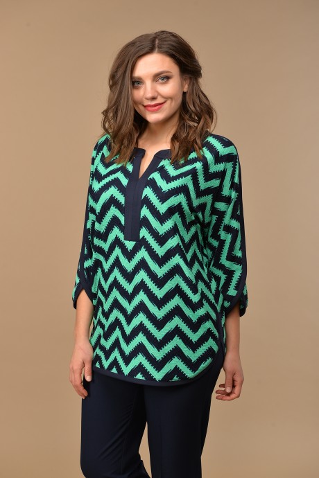 Блузка Lady Style Classic 2592 Темно-синий с зеленым "Зигзаг" размер 48-64 #1