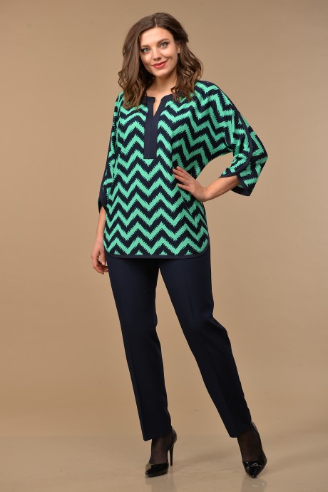Блузка Lady Style Classic 2592 Темно-синий с зеленым "Зигзаг" размер 48-64 #2