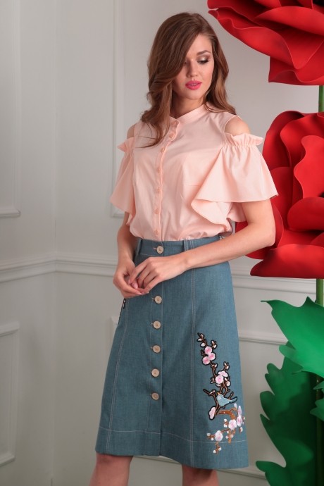 Костюм/комплект Мода Юрс 2408 розовый + зеленая юбка_аппликация сакура размер 46-50 #4