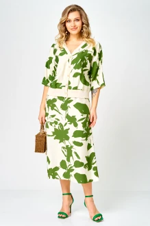 Юбочный костюм Твой Имидж 2386 двойка молочный с зеленым принтом