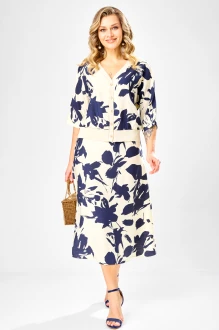 Юбочный костюм Твой Имидж 2387 двойка молочный с синим принтом