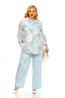 Брючный костюм Элль-Стиль 2466 тройка голубой, принт цветы