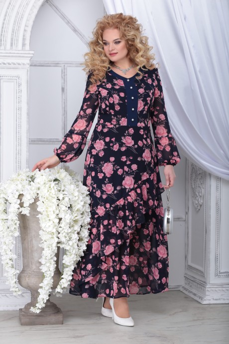 Платье Нинель Шик 7314 синий+розы размер 48-62 #1
