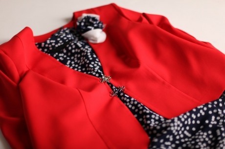 Костюм/комплект Pretty 848 жакет красный/платье синее в горошек размер 56-66 #4