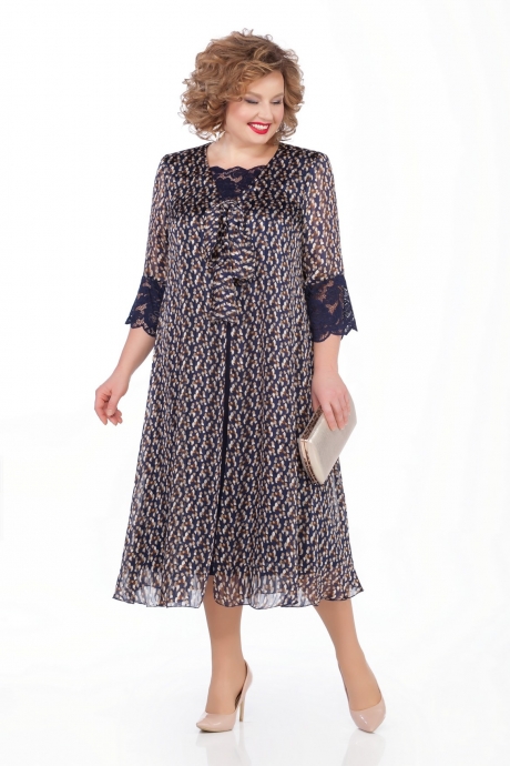 Вечернее платье Pretty 1025 бежево-коричневый принт на синем размер 56-66 #1