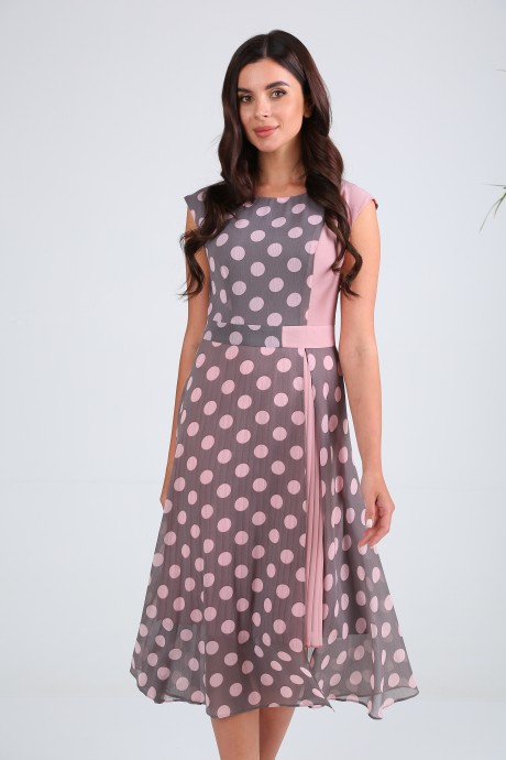 Платье SandyNa 130127 серый+розовый горох размер 44-52 #1