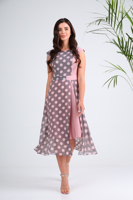 Платье SandyNa 130127 серый+розовый горох размер 44-52 #3