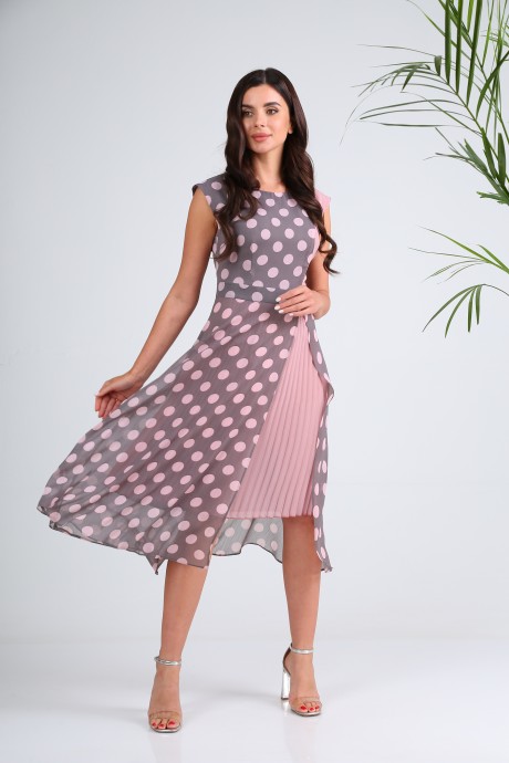 Платье SandyNa 130127 серый+розовый горох размер 44-52 #8