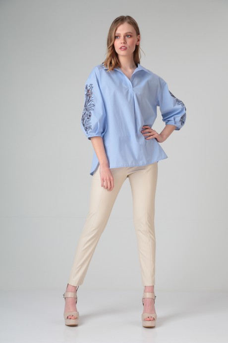 Блузка SandyNa 130431 голубой с вышивкой размер 46-56 #5