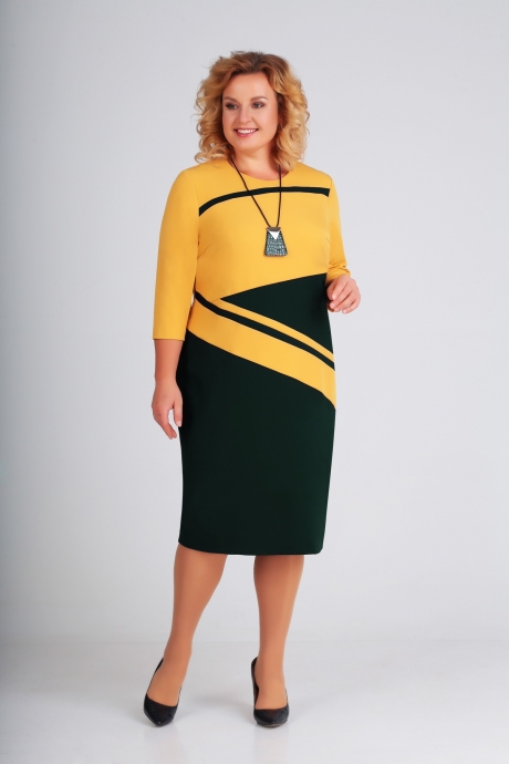 Платье Swallow 205 горчица с бирюзово-зелёным размер 50 #1