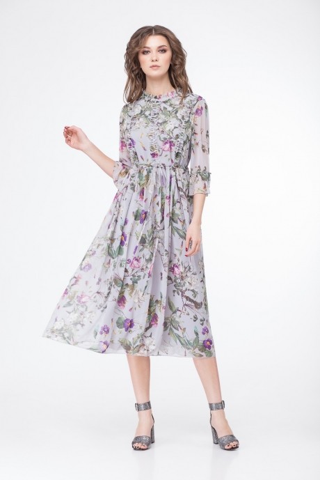 Платье Магия Моды 1555 серый+фиолет цветы размер 44-50 #1