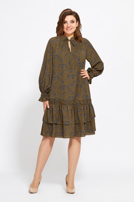 Платье Мублиз плюс 418 коричневый + цветы размер 46-56 #1